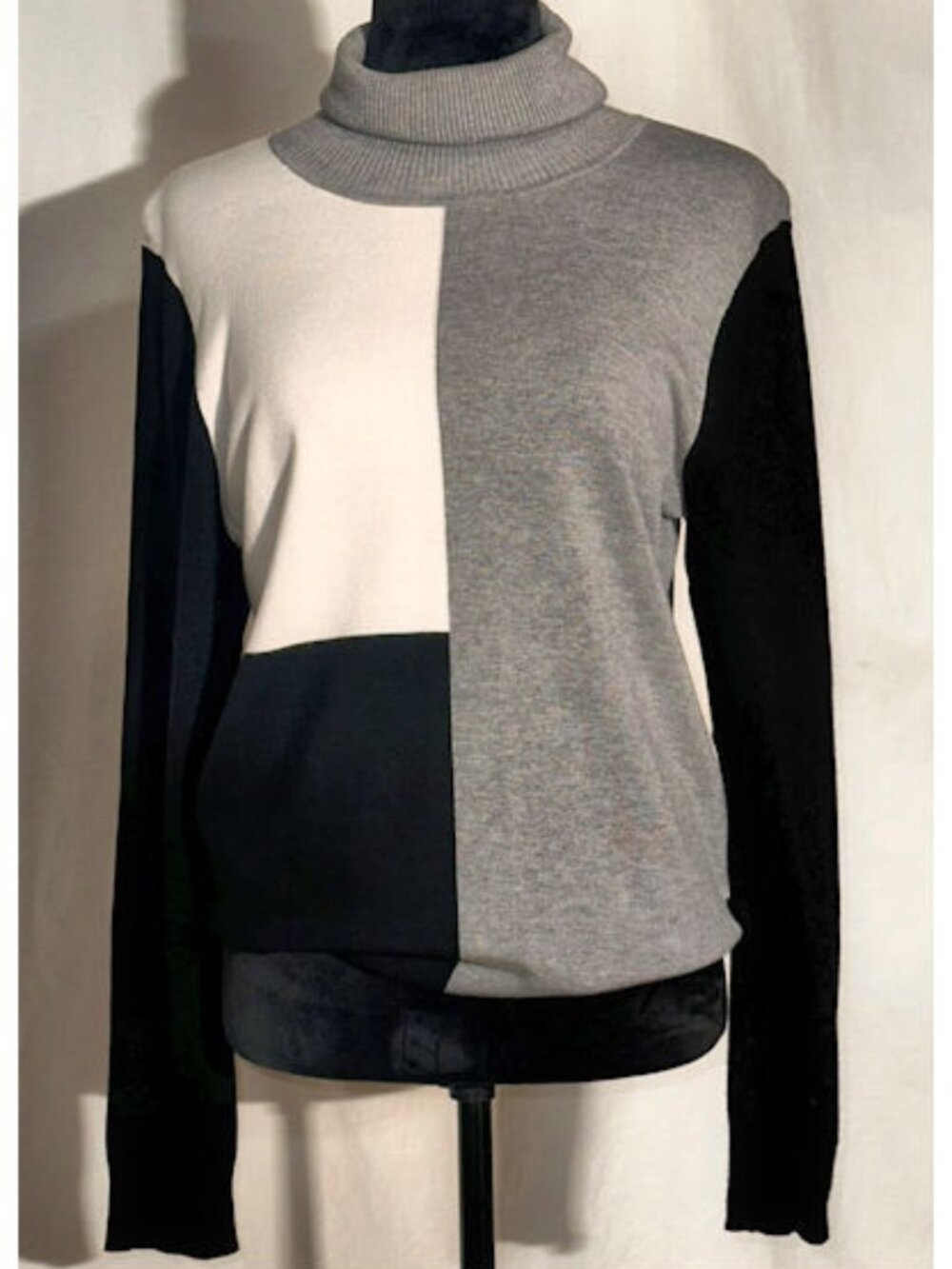 Calvin Klein Cowl Neck Color Block Sweater, Black, Gray, White, Large